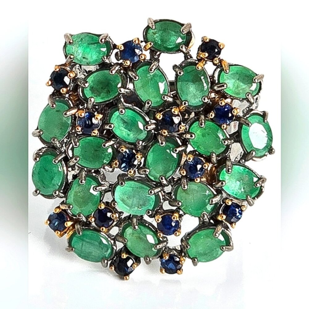 Handcrafted Natural‎ Emerald &Sapphire 925 Sterling Ring Sz 825